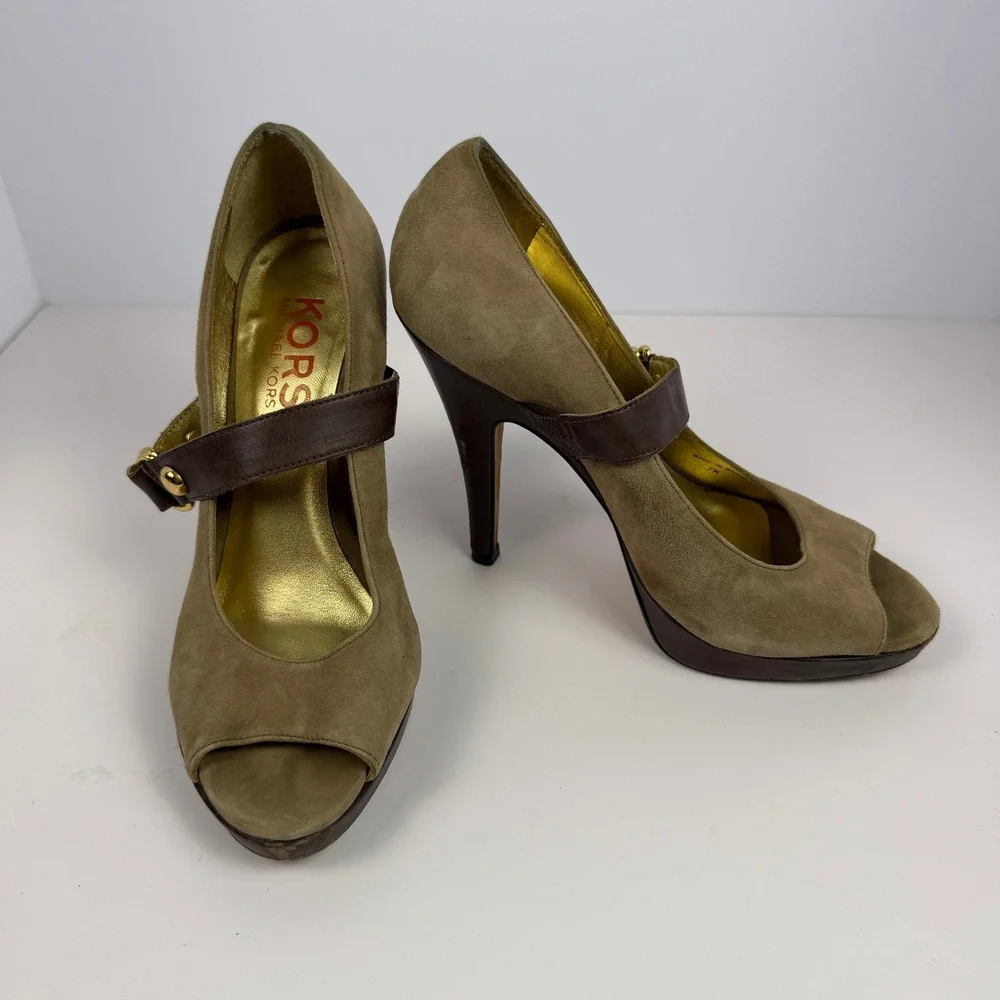 Kors Michael Kors Y2K Office Siren Women Mary Jane Peep Toe Pump Olive Suede